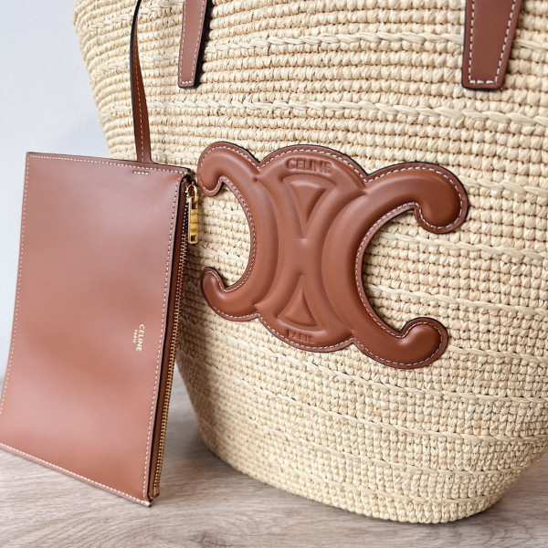 medium S*pple celin* classic panier in raffia and calfskin